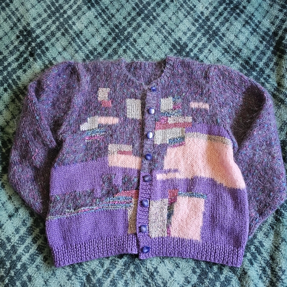 Pastel Maximalist Cashmere Wool Patchwork Boho Chic Handknitted Cardigan size L - Picture 2 of 7